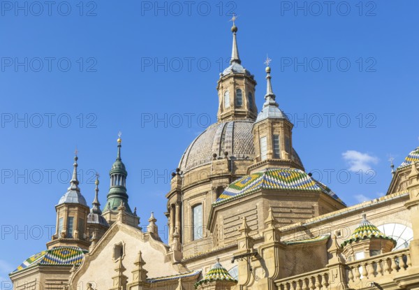 Towers and domes on roof of Basilica of Our Lady of the Pillar cathedral church, Zaragoza, Aragon, Spain