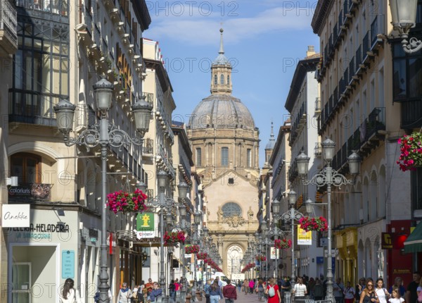 View of Basilica of Our Lady of the Pillar cathedral church from Calle de Alfonso I, Zaragoza, Aragon, Spain