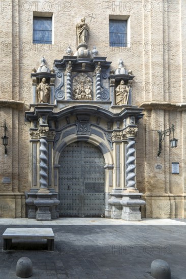 Baroque portal of church of San Felipe y Santiago el Menor, Old Town centre of Zaragoza, Aragon, Spain