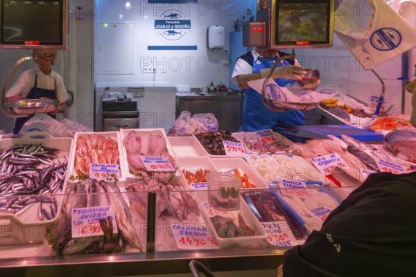 Market stall shop store selling fish inside Mercado Central de Zaragoza, Zaragoza, Aragon, Spain