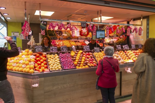 Market stall shop store selling fruit and vegetables inside Mercado Central de Zaragoza, Zaragoza, Aragon, Spain
