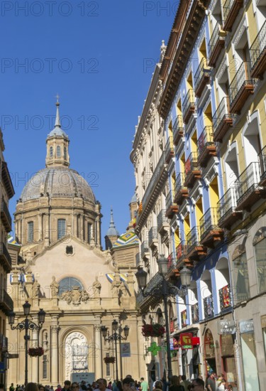 View of Basilica of Our Lady of the Pillar cathedral church from Calle de Alfonso I, Zaragoza, Aragon, Spain