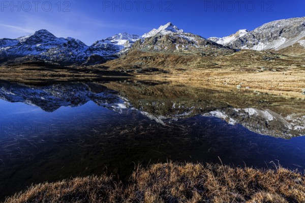 Mountains reflected in lake, morning light, autumn, sunny, Bernina Pass, Engadin, Switzerland