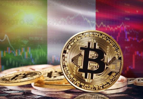 Bitcoin with Italian flag in the background. Investors in cryptocurrency and Blockchain Technology in Italy, Concept