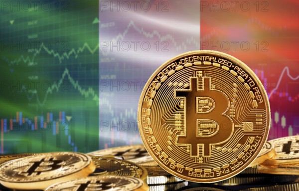Investors in cryptocurrency and Blockchain Technology in Italy, Concept. Bitcoin with Italian flag