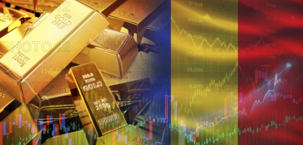 Gold bars stacked on Romanian flag. Romania gold reserves, Concept