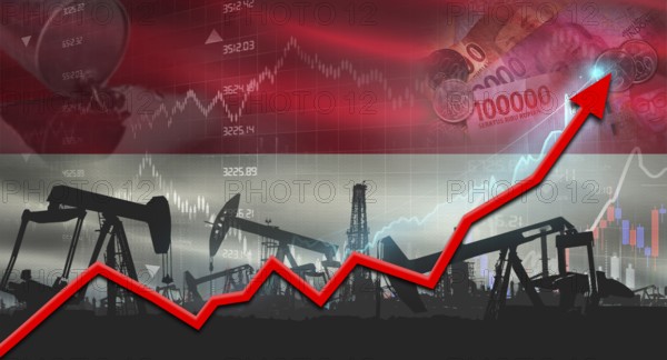 Growth of oil industry with Indonesian flag. Oil pumps with Indonesian flag. Oil production with Indonesia flag