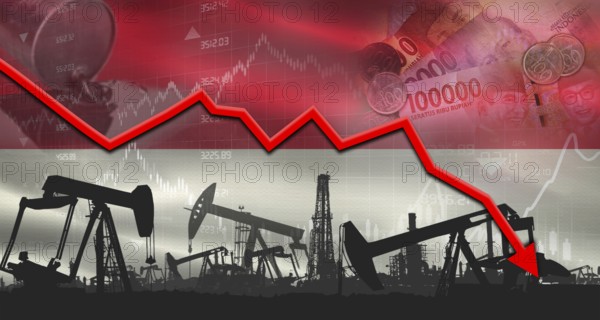 Fall oil price with Indonesian flag on economic chart, Petrol crisis with Indonesian flag on financial graph