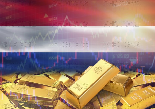 Gold bars on Netherlands flag in background. Gold bars stacked on Dutch flag. Concept of Netherlands gold reserves