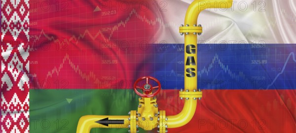 Gas pipeline with Russian and Belarus flag. Production and export of Russian gas to Belarus