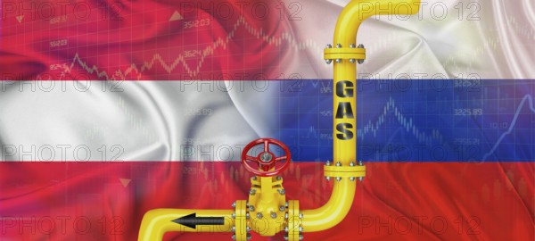 Gas pipeline with Russian and Austria flag. Production and export of Russian gas to Austria