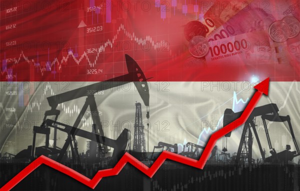 Oil production with Indonesia flag, petrol industry. Oil pumps with Indonesian flag