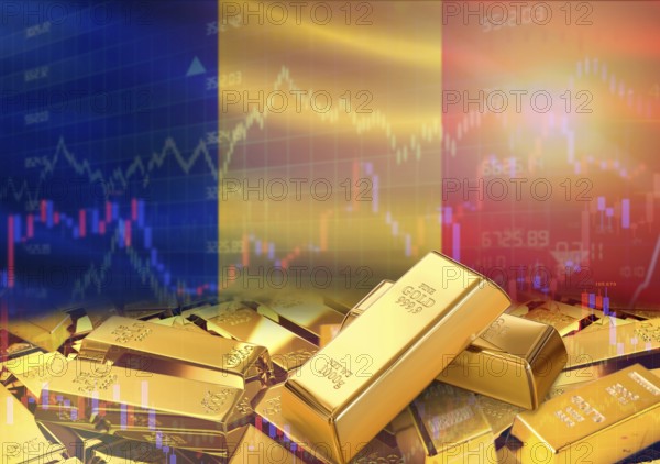 Gold bars on Romania flag in background. Gold bars stacked on Romanian flag. Concept of Romania gold reserves