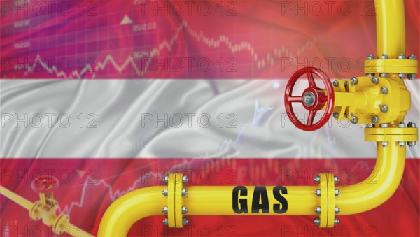 Gas pipeline with the Austria flag in the background. Gas production with Austrian flag on a market chart