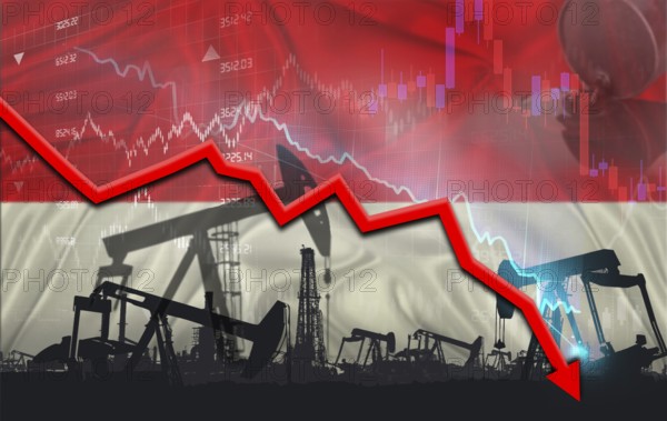 Crude crisis with Indonesian flag on financial graph. Fall oil price with flag of Indonesia on economic chart