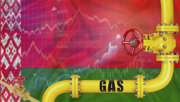Gas pipeline with the Belarusian flag in the background. Gas production with the Belarusian flag on a market chart
