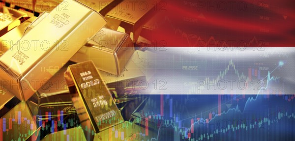Gold bars stacked on Dutch flag. Netherlands gold reserves, Concept