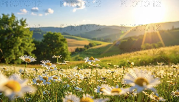 A sunlit meadow with daisies against a forest backdrop under a blue sky, Late summer country landscape with daisies meadow and sunbeams, forest in blurred background, hilly landscape in sunrise or sunset, tranquil nature template or poster for beauty of nature, AI generated