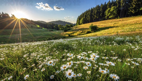 A sunlit meadow with daisies against a forest backdrop under a blue sky, Late summer country landscape with daisies meadow and sunbeams, forest in blurred background, hilly landscape in sunrise or sunset, tranquil nature template or poster for beauty of nature, AI generated