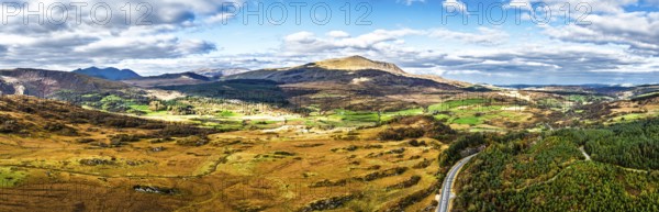 Snowdonia National Park over Road A470 from a drone, Crimea Pass, Blaenau Dolwyddelan, Wales, England, United Kingdom