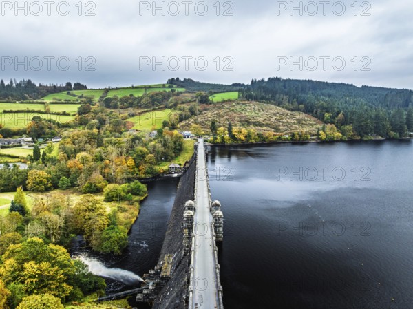 Llyn Brianne Dam and Reservoir from a drone, Lake Vyrnwy, Powys, Wales, England, United Kingdom