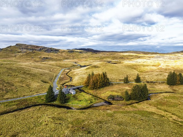 Cwm Cynfal Waterfalls on River Afon Cynfal from a drone, Llan Ffestiniog, Road B4391, Gwynedd, Snowdonia, Eryri, Wales, England, United Kingdom
