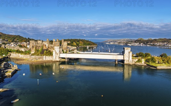 Conwy Castle over River Convy from a drone, Convy, North Wales, England, United Kingdom