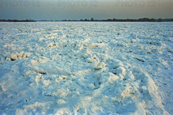 Frozen Elbe, Bleckede, Lower Saxony, Germany, February 9, 1996, vintage, retro, old, historic
