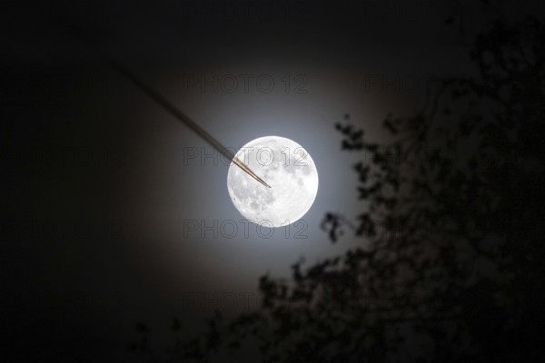 An airplane flies by in front of the full moon, Frankfurt, Hesse, Germany