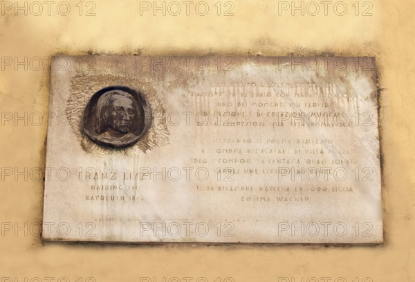 Franz Liszt memorial plaque, stay in Bellagio, picturesque small town with a view of the Alps, Lake Como in Italy, one of the Upper Italian lakes, Lombardy region, Italy