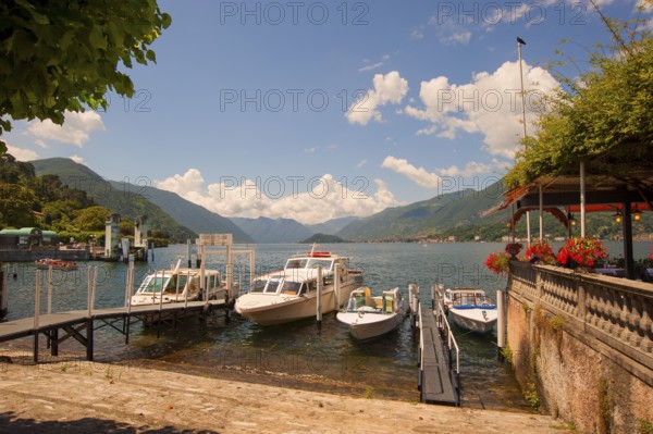 Bellagio, picturesque small town with views of the Alps, boats on Lake Como, Italian Lago di Como, one of the Upper Italian lakes, Lombardy region, Italy