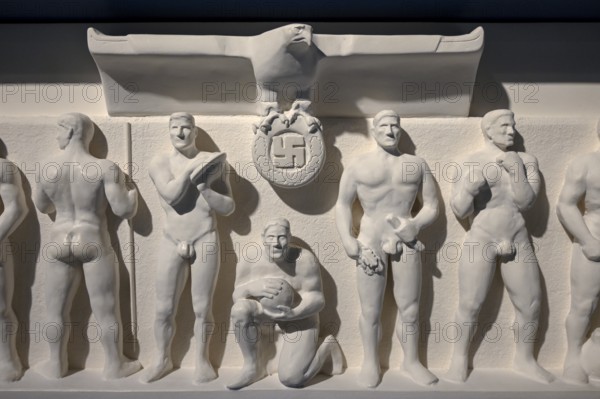 Sportsman relief in the exhibition Determination Herrenmensch in the former NS Ordensburg Vogelsang, interior view, Eifel National Park, Schleiden-Gemünd, North Rhine-Westphalia, Germany