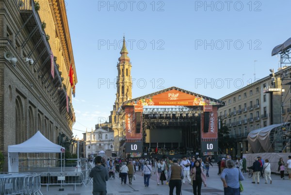 Stage for Pilar 2025 activities in Plaza of Our Lady of the Pillar, Zaragoza, Aragon, Spain, Europe - Plaza de Nuestra Señora del Pilar