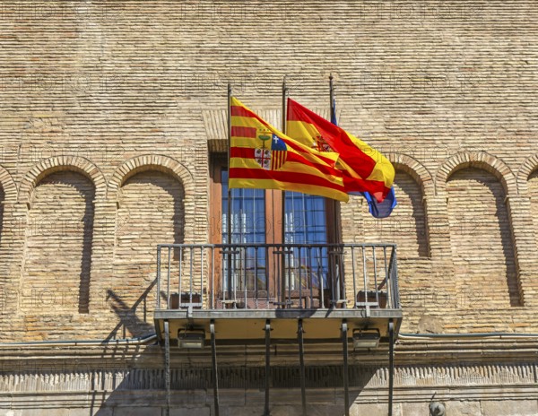 Flags flying on Palacio de los Condes de Morata o de Luna, Zaragoza, Aragon, Spain, Europe now justice department courts