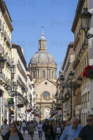 View of Basilica of Our Lady of the Pillar cathedral church from Calle de Alfonso I, Zaragoza, Aragon, Spain