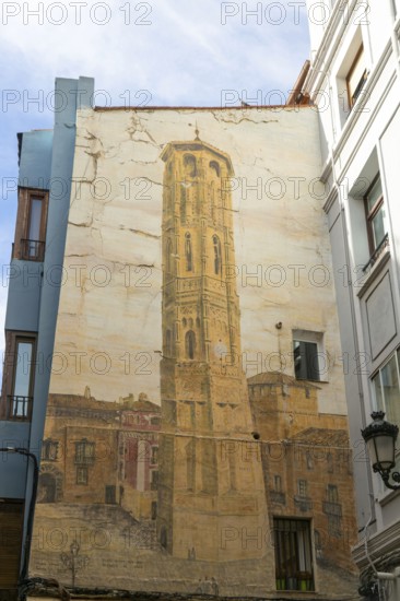 Painting mural of the Leaning Tower, Torre Nueva, Zaragoza, Aragon, Spain, Europe demolished 1892