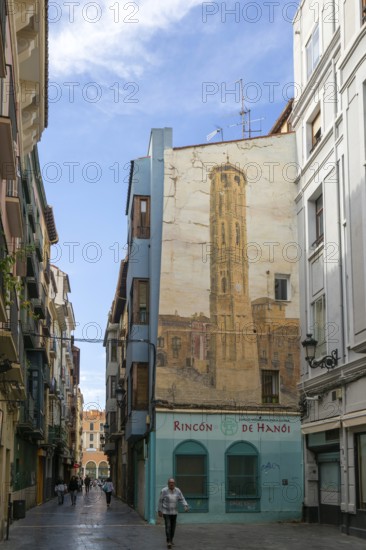 Painting mural of the Leaning Tower, Torre Nueva, Zaragoza, Aragon, Spain, Europe demolished 1892 - Rincon de Hanoi Vietnamese restaurant