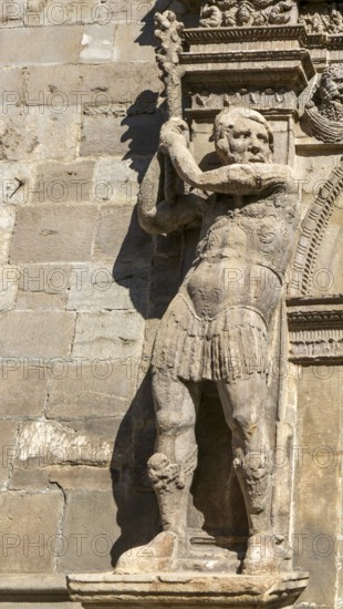 Stone sculpture statue at entrance doorway Palacio de los Condes de Morata o de Luna, Zaragoza, Aragon, Spain