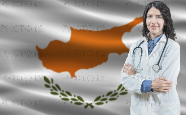Cypriot medicine and healthcare concept. Doctor close up against Cyprus flag background