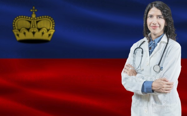 Liechtensteiner medicine and healthcare concept. Doctor close up against Liechtenstein flag background