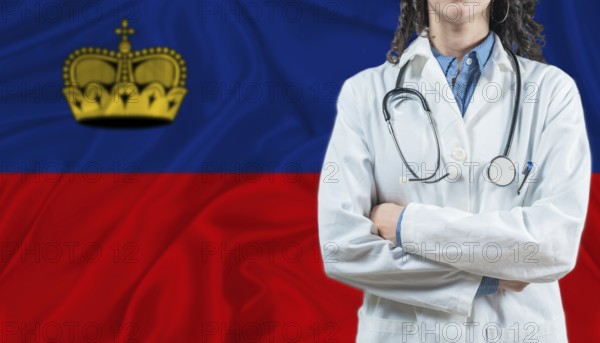 Medical professional on Liechtenstein flag. Healthcare and wellness in Liechtenstein, Concept