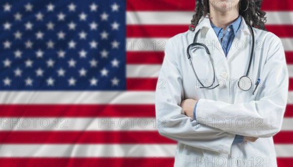 Medical professional on USA flag. Healthcare and wellness in United States, Concept