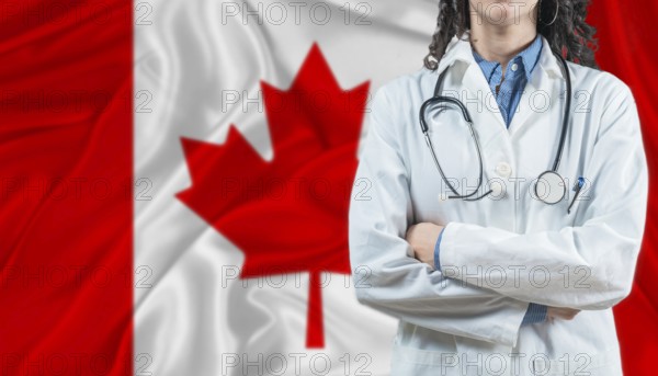 Medical professional on Canada flag. Healthcare and wellness in Canada, Concept