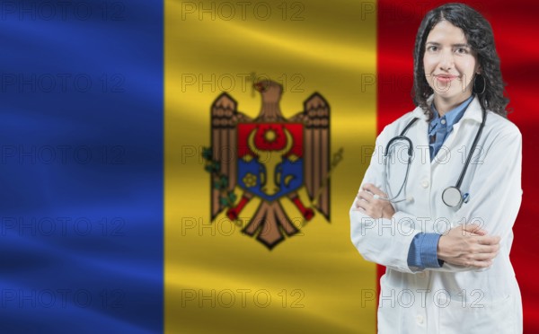 Moldovan medicine and healthcare concept. Doctor close up against Moldova flag background