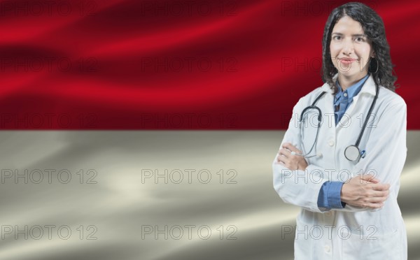Indonesian medicine and healthcare concept. Doctor close up against Indonesia flag background