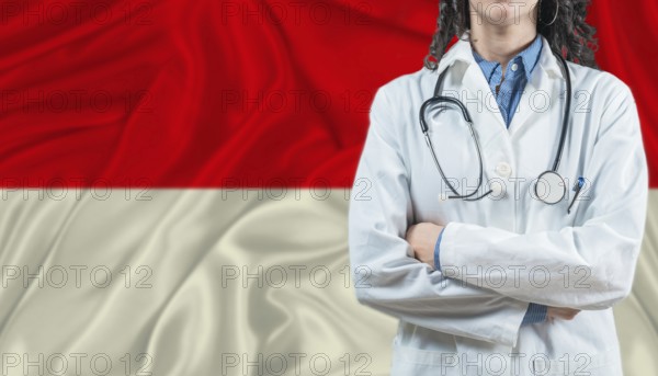 Medical professional on Indonesia flag. Healthcare and wellness in Indonesia, Concept