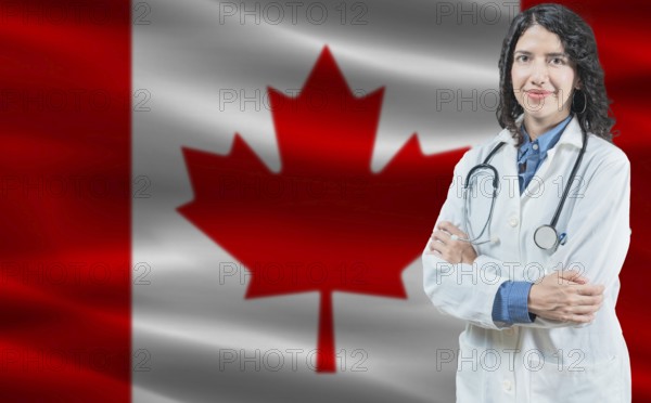 Canadian medicine and healthcare concept. Doctor close up against Canada flag background