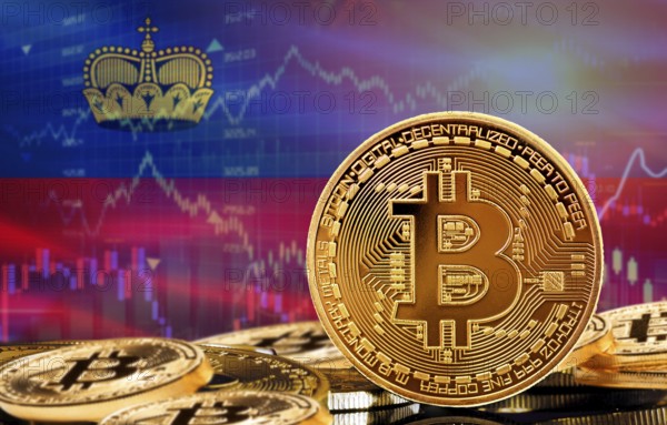 Investors in cryptocurrency and Blockchain Technology in Liechtenstein, Concept. Bitcoin with Liechtenstein flag in the background