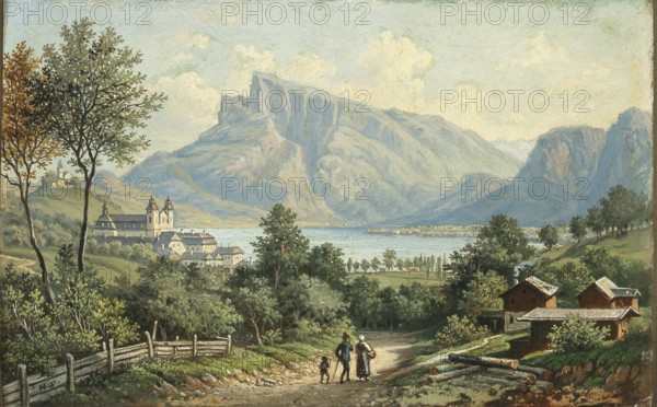 View of Lake Mondsee with the monastery of the same name and the Dragon Wall, Salzkammergut, Upper Austria, based on a painting by Hubert Sattler (1817-1904), reproduction from a 19th century model. Authentic, file restored for optimal use, exact date of original unknown