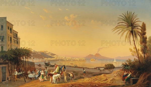Evening scene on the Naples promenade with Vesuvius in the background, Campania, Italy, based on a painting by Hubert Sattler (1817-1904), reproduction from a 19th-century model. Authentic, file restored for optimal use, exact date of original unknown
